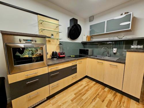a kitchen with a large oven and a sink at Eddie's Luxury Apartments in Gliwice
