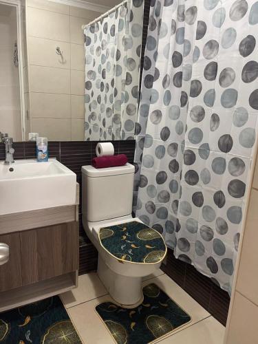 a bathroom with a toilet and a sink and a shower at Apartamento en Metro Ñuble in Santiago