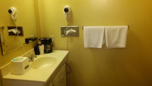 ein Badezimmer mit einem Waschbecken, einem Spiegel und Handtüchern in der Unterkunft Budget Inn Sterling in Sterling
