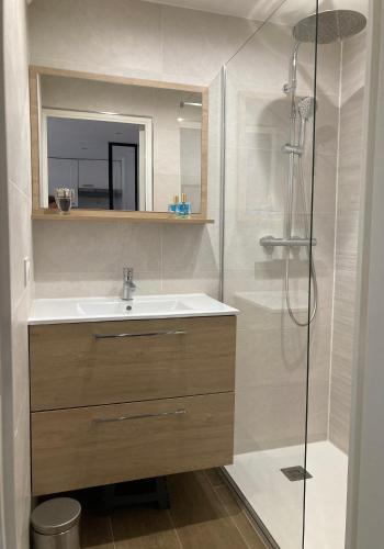 une salle de bain avec un lavabo et une douche dans l'établissement Appartement 3 étoiles Plage & Commerces Saint-Aygulf, à Saint-Aygulf