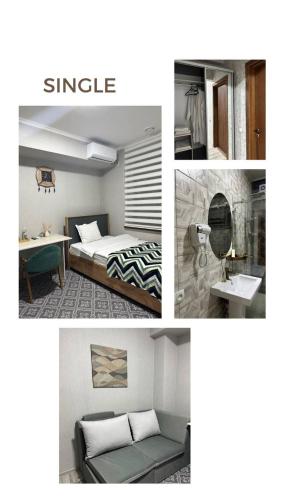 a collage of four pictures of a bedroom at Cube House Osh in Osh