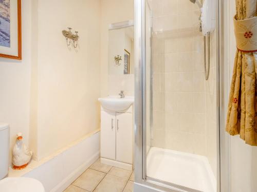y baño con ducha, aseo y lavamanos. en Rickyard Cottage- Uk45535, en Buildwas