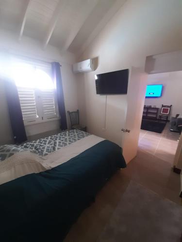 a bedroom with a bed and a window and a television at Beach 1 Bedroom 32 in Ocho Rios