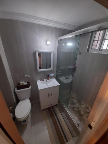 a bathroom with a shower and a toilet and a sink at Beach 1 Bedroom 32 in Ocho Rios