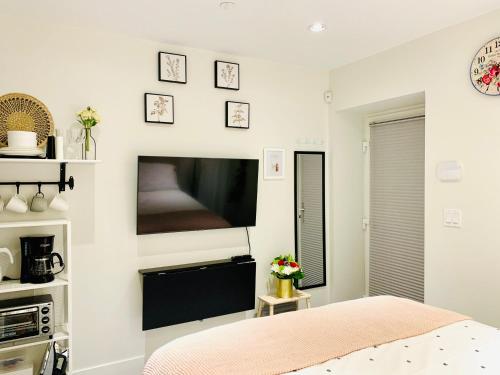 a bedroom with a large flat screen tv on a wall at Private Studio Suite with Full Bath - Parking - 15 mins to Downtown in Vancouver