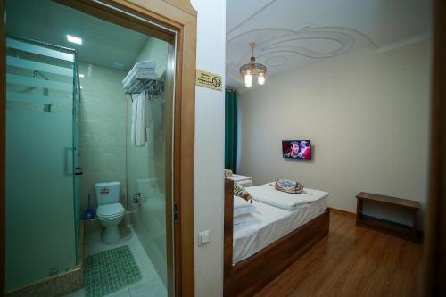 a bathroom with a shower and a toilet and a sink at Hotel "RAYHON" in Bukhara