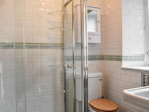 a bathroom with a shower with a toilet and a sink at Caldhame Smiddy in Marykirk