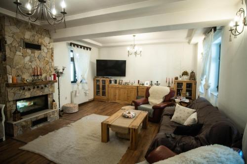 ein Wohnzimmer mit einem Sofa und einem Kamin in der Unterkunft Petershaus - casa de vacanța și distractie. 