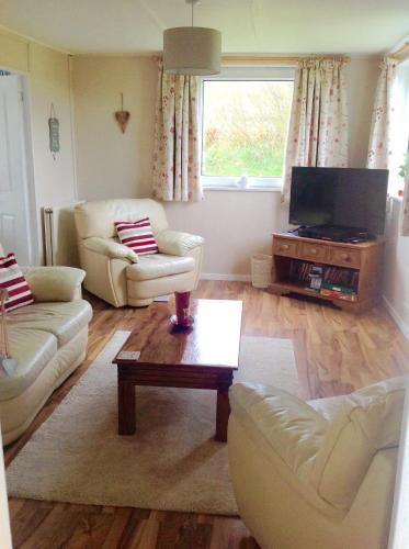 a living room with two couches and a tv at Pant Glas in Cardigan