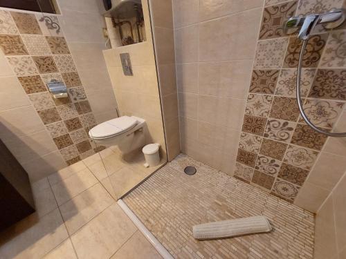 a bathroom with a shower with a toilet in it at Apartman Őri in Bük