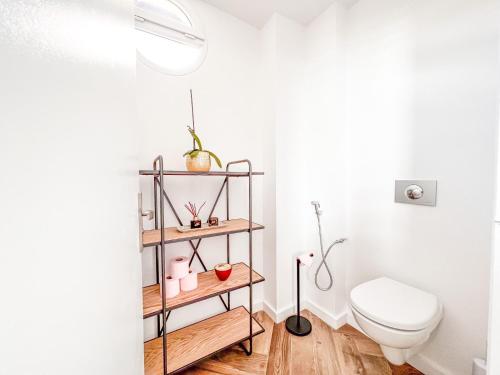 a bathroom with a toilet and a shelf at Résidence Daniza in Saint-Pierre