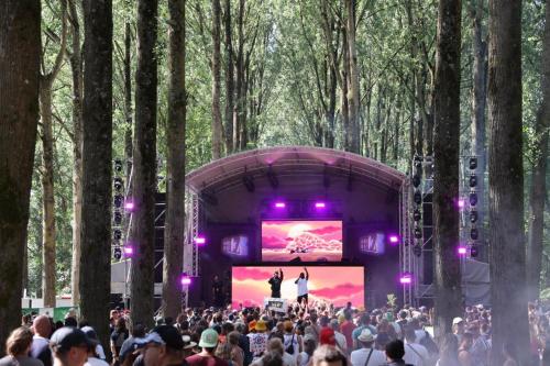 a crowd of people watching a performance on a stage in a forest at La Chambre d'Angèle in Sedan