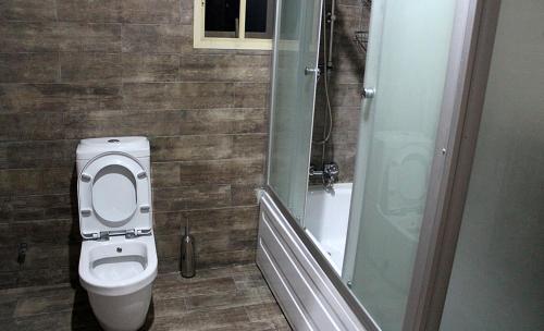 a bathroom with a toilet and a shower at Ellyxville Hotel in Lekki