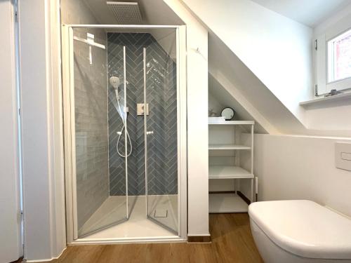 uma cabina de duche em vidro numa casa de banho com WC em Customflats Erfurt - Tiefgarage - frisch renoviert em Erfurt