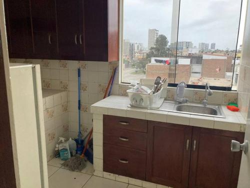 Apartamento en Pueblo Libre في ليما: مطبخ مع حوض ونافذة