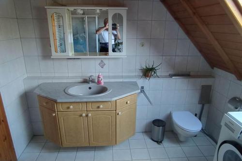 ラインハウゼンにあるFerienwohnung Schwörer bis 7 Personenの洗面台・トイレ付きの浴室を撮影した者