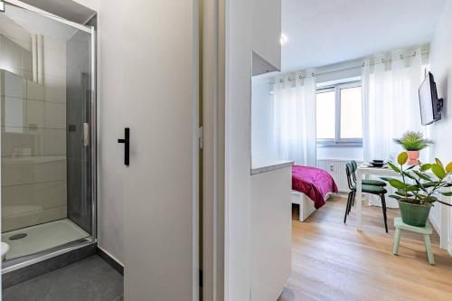 La salle de bains est pourvue d'une douche. dans l'établissement Studio douillet /Centre ville, à Strasbourg