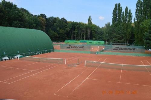 a tennis court with two tennis rackets on it at Hotel 99 in Chomutov