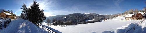 a snow covered mountain with a house and a tree at Ferienhaus Seetaler Alpen in Obdach