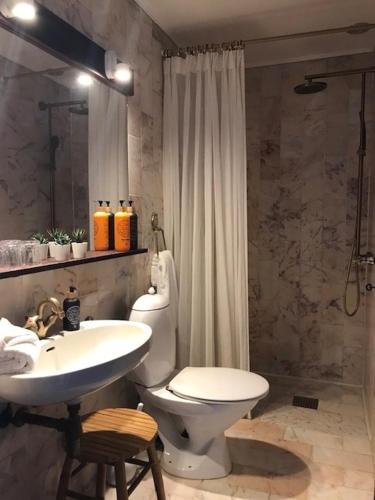 a bathroom with a white toilet and a sink at Park Hotel & Vinbar in Frederikshavn