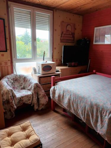 a bedroom with a bed and a tv and a window at Au bon vivre in Lempdes