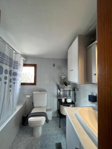 a bathroom with a toilet and a sink and a tub at Chalet Arachova - Breathtaking View in Arachova