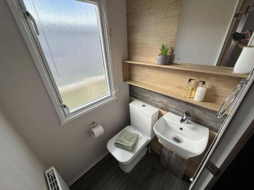 a bathroom with a toilet and a sink and a mirror at Beautiful 2-Bed Holiday home in Whitstable