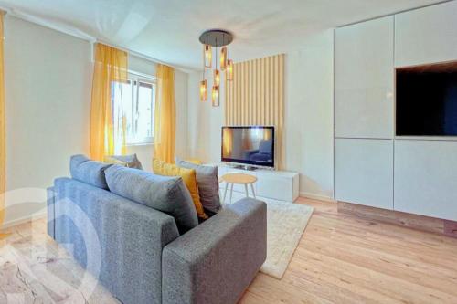 a living room with a blue couch and a tv at Primeroses I 43m2 I Balcony I Near the centre 9 min in Crans-Montana