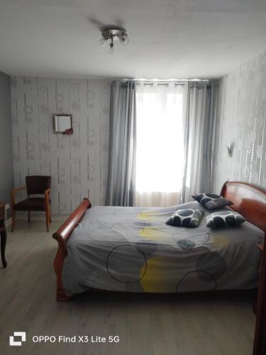 une chambre avec un grand lit et une fenêtre dans l'établissement Appart la Percep, à La Tour-dʼAuvergne