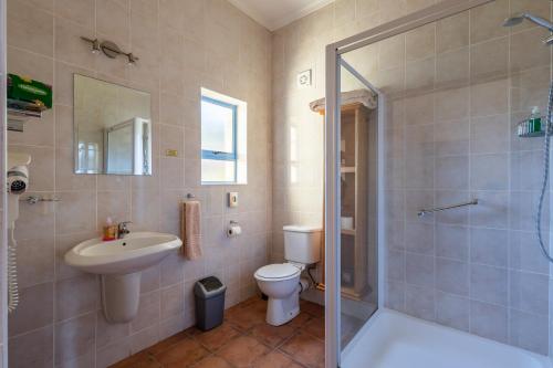 a bathroom with a sink and a toilet and a shower at Gästehaus Pinkepank in Plettenberg Bay