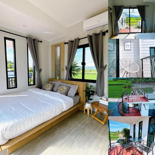 a bedroom with a bed and large windows at ฮักดอยคาเฟ่ แคมป์&โฮมสเตย์ สะพานสายรุ้ง จ.น่าน in Chiang Klang