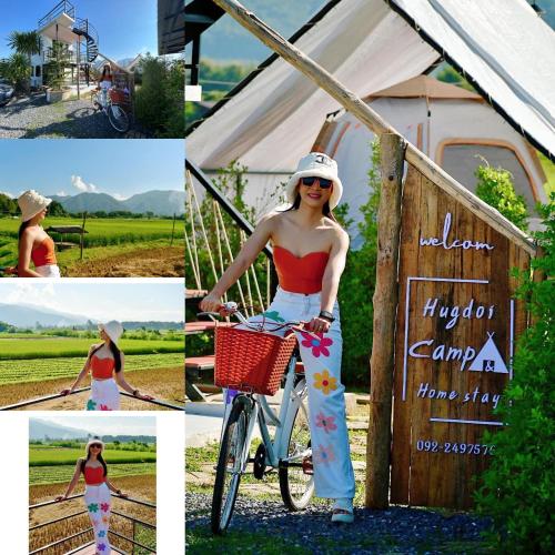 a collage of photos with a woman on a bike at ฮักดอยคาเฟ่ แคมป์&โฮมสเตย์ สะพานสายรุ้ง จ.น่าน in Chiang Klang