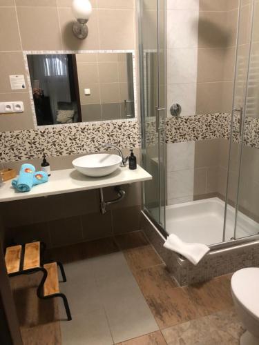 uma casa de banho com um chuveiro, um lavatório e uma banheira em Penzion U Kašpara em Lovosice