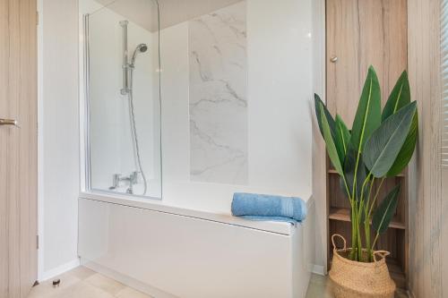 baño con bañera y planta en Birch Timber Holiday Lodge, en Bassenthwaite