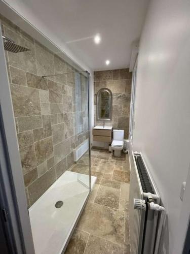 a large bathroom with a shower and a toilet at Maison avec cours privative in Nesle