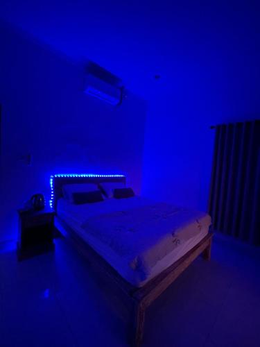 una camera blu con un letto con una luce blu di NAMA Guest House a Canggu