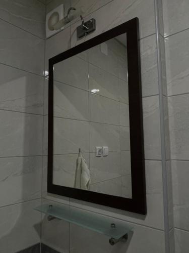 espejo en la pared del baño con ducha en Apartman Venera en Sombor