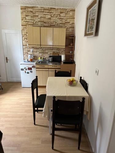 kuchnia ze stołem i krzesłami oraz kuchnia z lodówką w obiekcie Jelka w mieście Sremski Karlovci