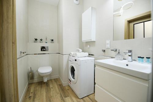 baño blanco con lavadora y lavamanos en Apartimento Angel River 7, en Wroclaw