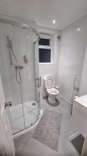 La salle de bains blanche est pourvue d'une douche et de toilettes. dans l'établissement 48 The Brent, à Kent
