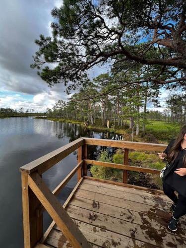 a woman sitting on a wooden bridge next to a lake at Privaatne talu otse mere ääres in Tahkuranna