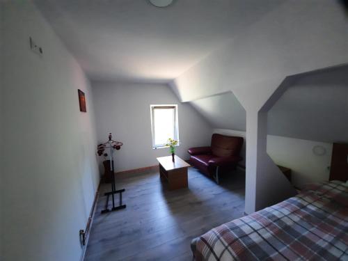 a room with a bed and a couch and a window at Casa Maia in Cîrţişoara