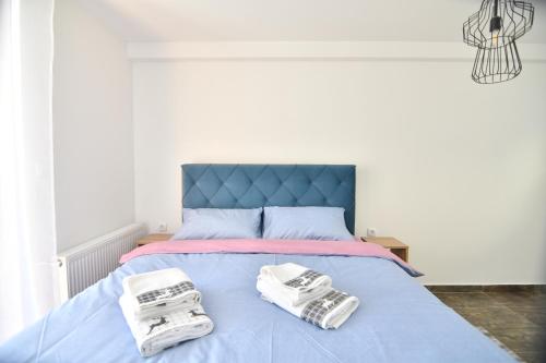 茲拉蒂博爾的住宿－Brvnara Mont 3，一间卧室配有蓝色的床和2条毛巾