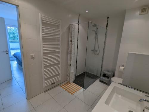 a white bathroom with a shower and a sink at 1BR Apartment with Garage in Kirchberg in Luxembourg