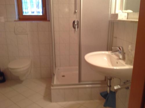 y baño con lavabo, ducha y aseo. en Ferienhaus Sachrang en Sachrang