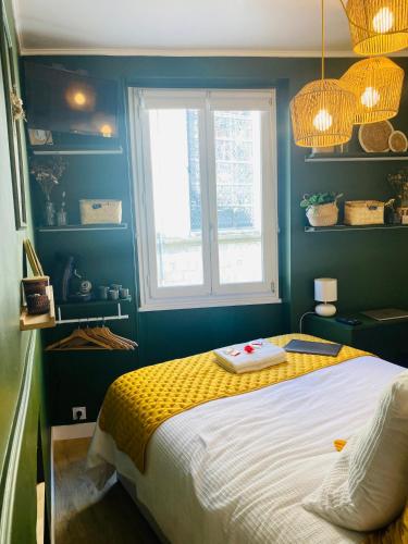 1 dormitorio con 1 cama con manta amarilla y ventana en Le Germain - Coeur de ville, en Rennes