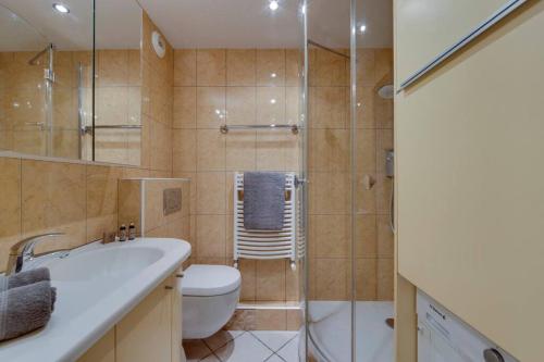 a bathroom with a shower and a toilet and a sink at FRANCHET B 34 in La Daille