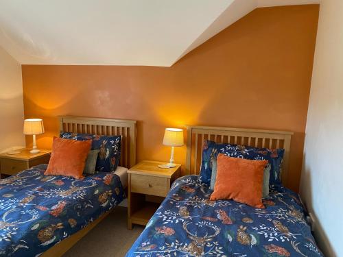 1 dormitorio con 2 camas con almohadas azules y naranjas en Orchard Cottage, en Matlock