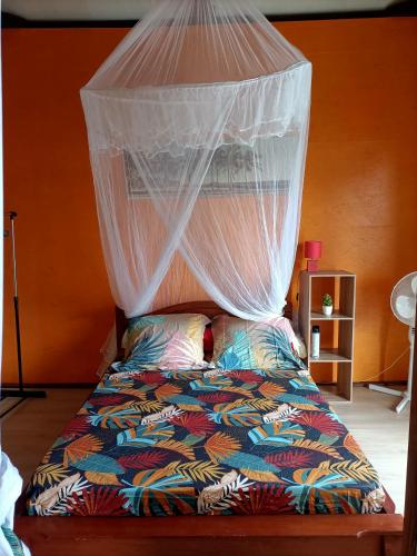 a bed with a mosquito net on top of it at Case créole in Saint-Pierre
