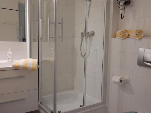 y baño con ducha y puerta de cristal. en Resi M5 en Prerow